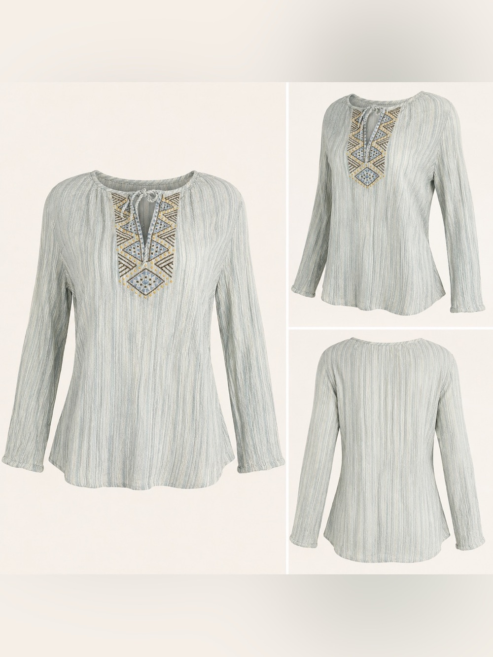 J. Jill Women’s Small Sage Green Embroidered Crinkle Peasant Tunic Top Boho